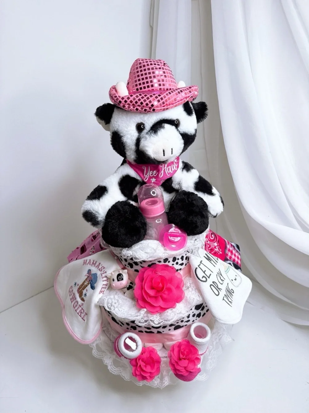 Cowgirl Diaper Cake, Cow Cake, Farm theme, Baby Shower gift